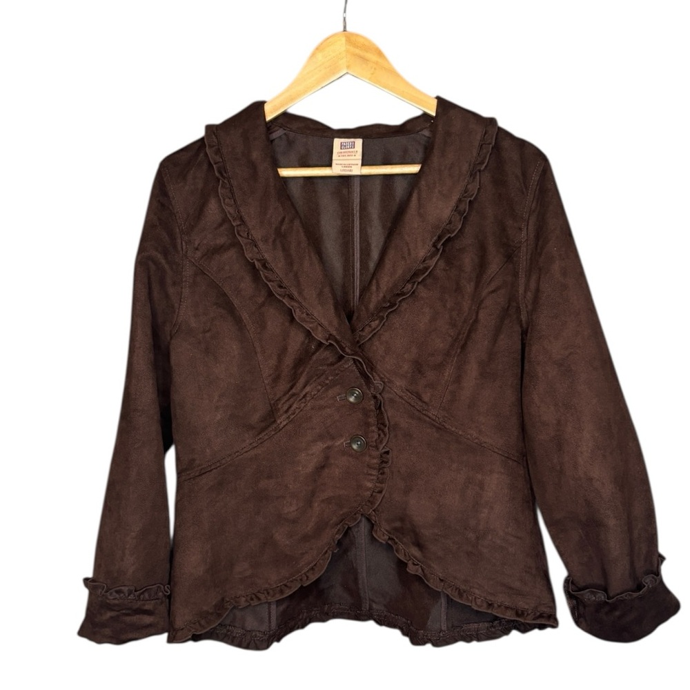Vintage L Blazer Jacket Brown Vegan Suede Ruffle Trim Whimsigoth Peasant Boho
